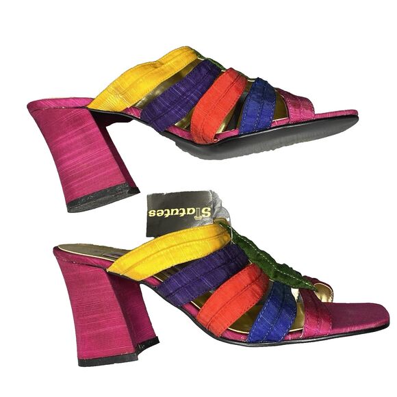 NWT Vintage Statutes Sandals 80s 90s Rainbow Fabric Strappy 3" Block Heel Size 9 - Picture 2 of 7